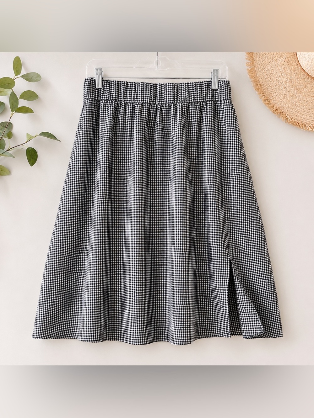 Quince Black & White Gingham A-Line Midi Skirt with Side Slit